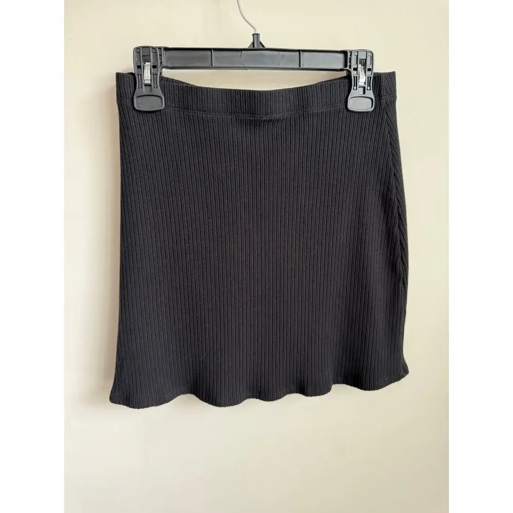 Reformation Jean Pull On High Waisted Ribbed Knit Mini Skirt Black Women's Large